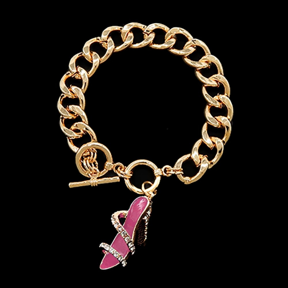 Pink Stiletto Shoe Charm Chain Link Bracelet Jewelry Heel Statement Accessory